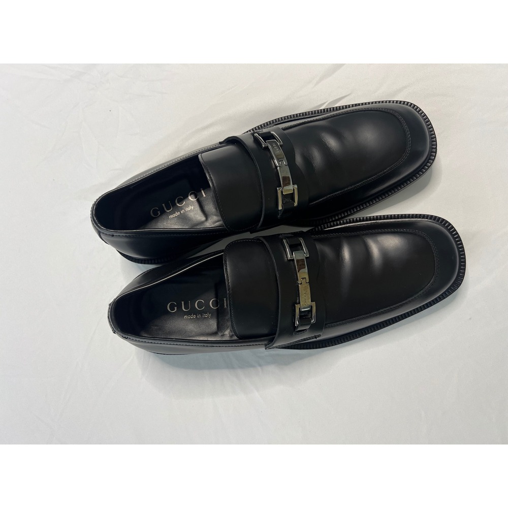 Vintage Gucci Mens Black Leather Loafers Dress Shoes Silver Buckle Italy Size 11 - Picture 3 of 9